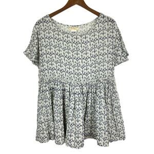 Sweet Magnolia Blue Cream Print Cotton Beaded Embellished Cottagecore Peplum Top
